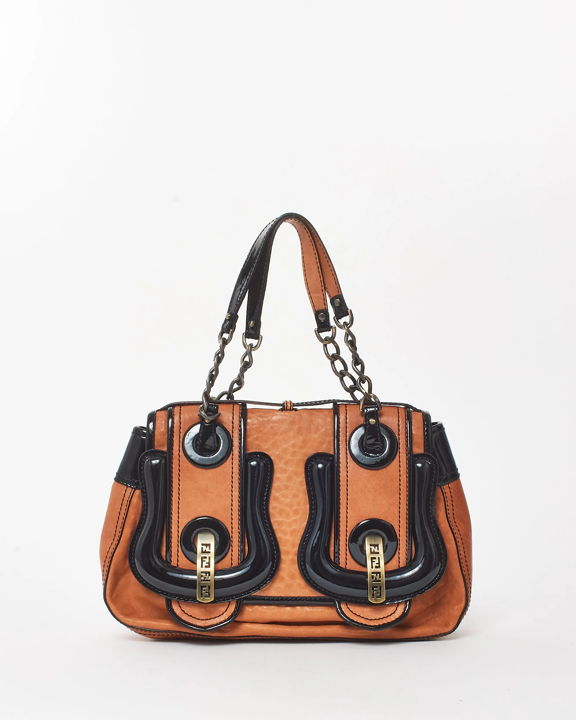 Fendi Vintage Brown Leather & Black Patent Leather Buckle B Bag Shoulder Bag